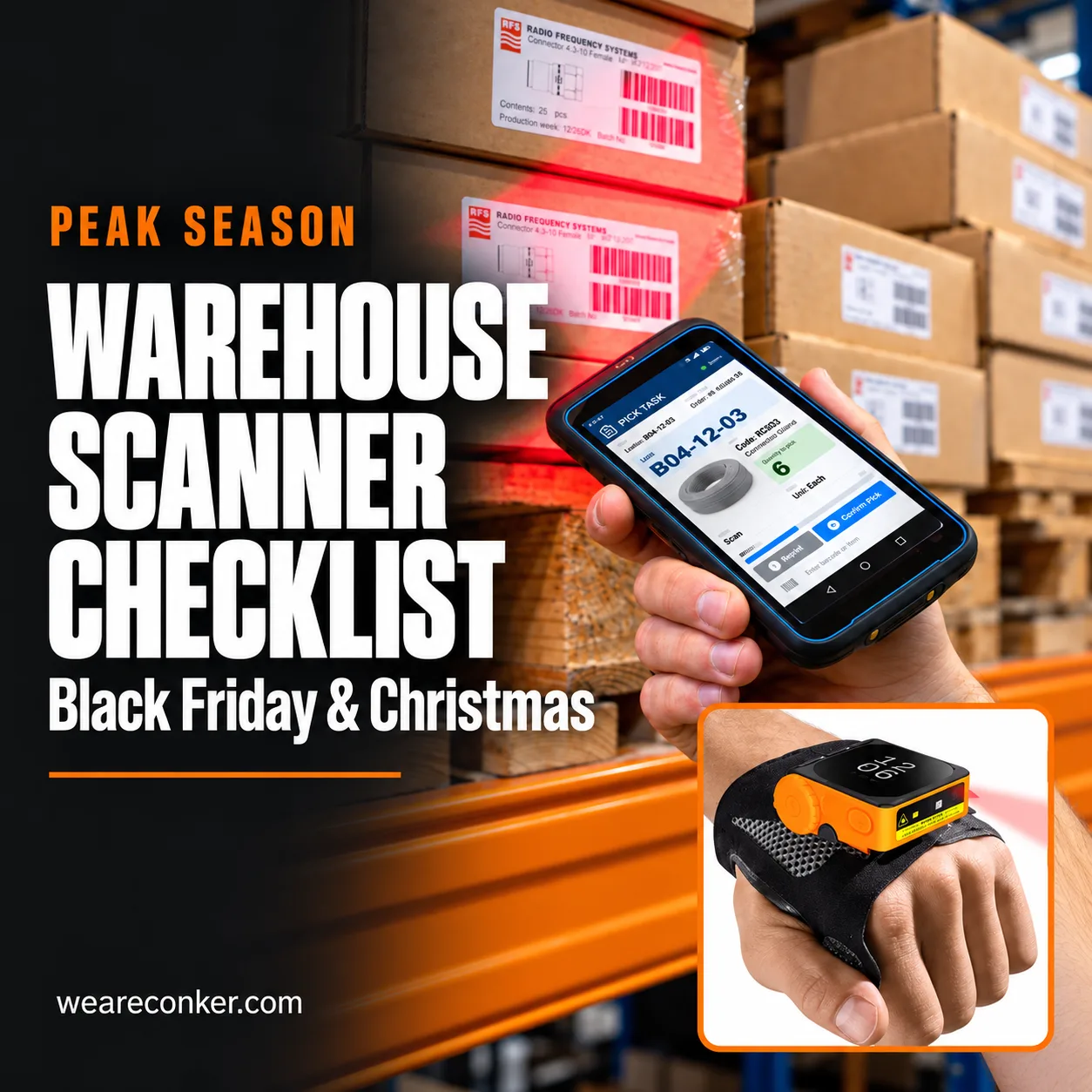 Warehouse scanner checklist for Black Friday and Christmas, featuring a handheld barcode scanner and a Conker BG3 wearable scanner.