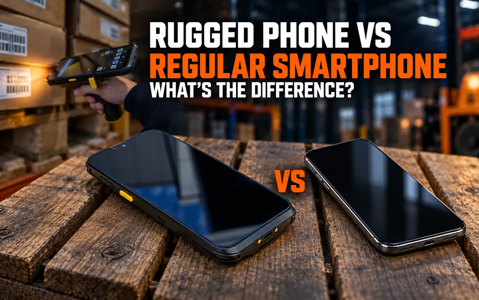 A rugged phone and a regular smartphone side by side on a pallet in a warehouse